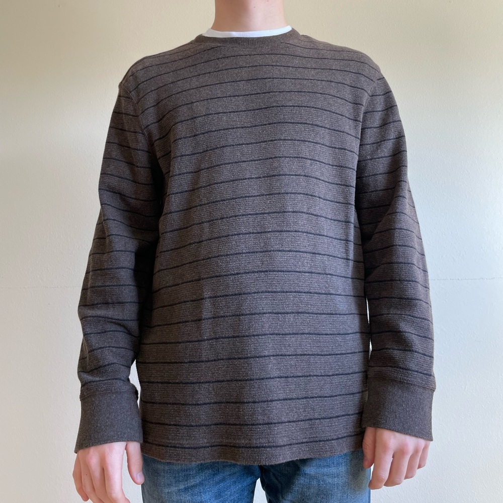 Eddie Bauer Brown Waffle Shirt with Black Stripes Large